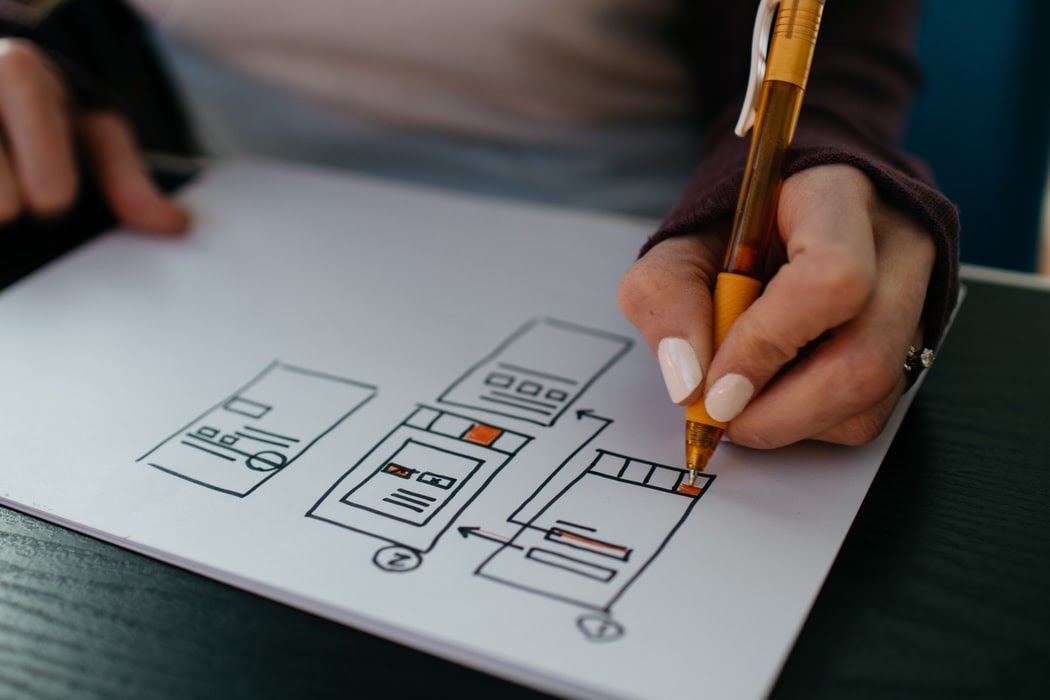 A woman working on a product wireframe during a product discovery session